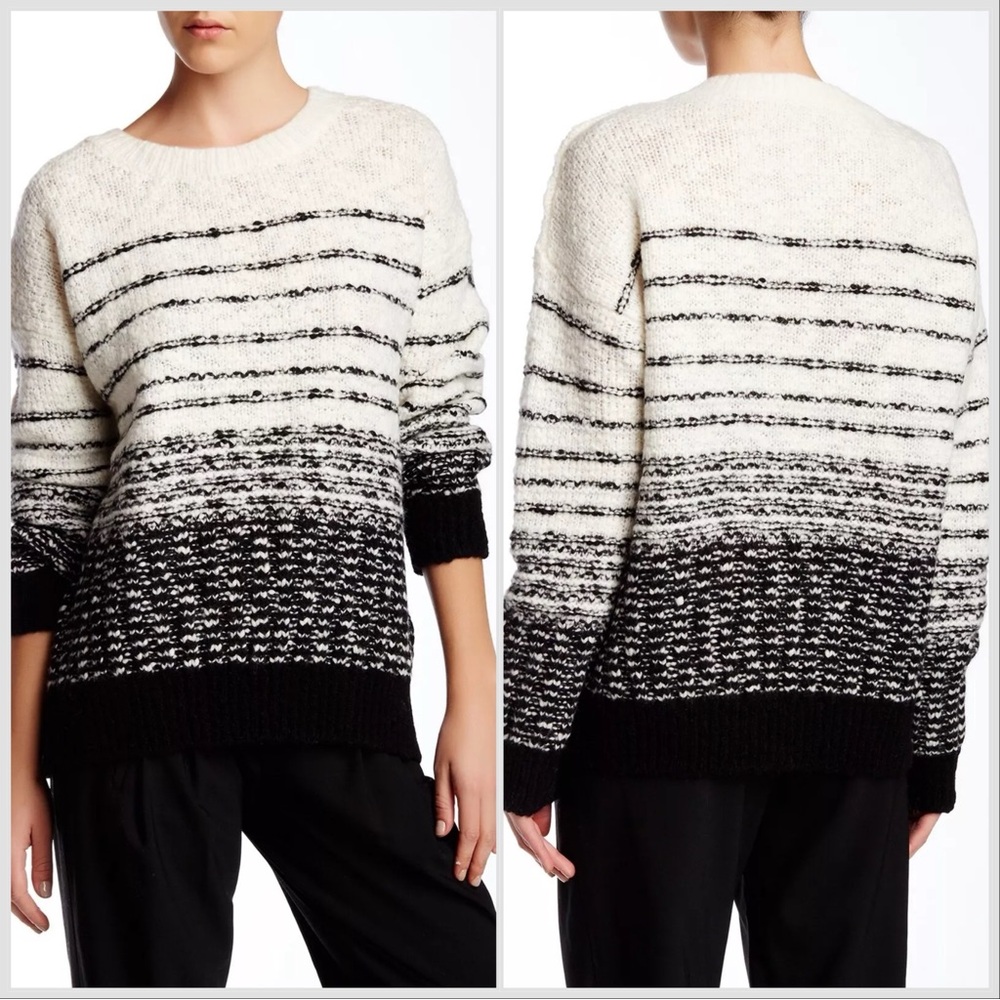 Vince Black/White Textured Wool Blend Crew Neck Sweater